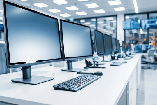 Modern office workstation setup with multiple computer monitors, keyboards, and mice on a clean white desk.