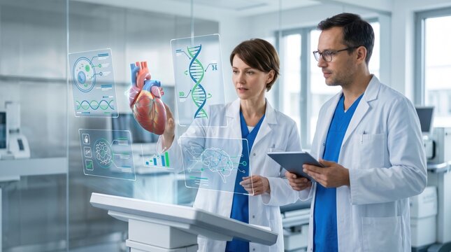 Two doctors collaborating in modern lab examining holographic displays of human heart, brain