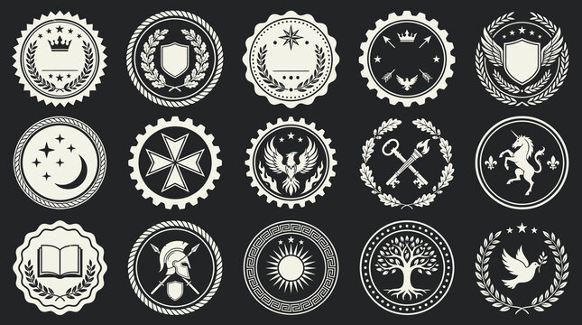 Premium collection of 15 monochromatic vintage heraldic crests and circular seal emblems including icons of a phoenix, unicorn, dove, sun, and spartan helmet for classic branding and identity.