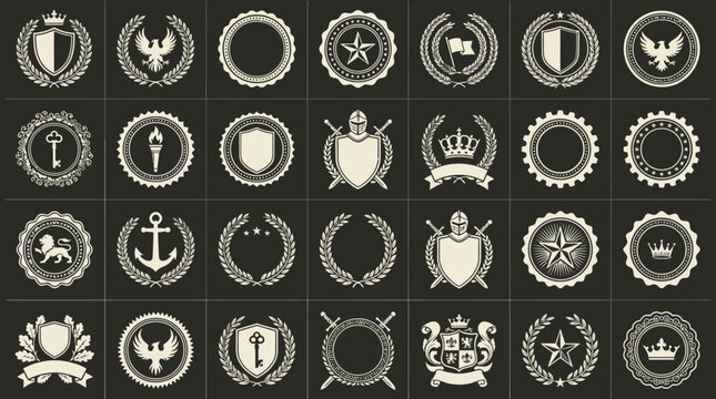 Large Collection of Vintage Heraldic Emblems and Badges Featuring Shields, Crowns, Laurel Wreaths, Anchors, Stars, and Eagles for Premium Corporate Branding and Classic Logo Design Templates.