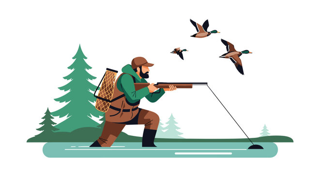 Male hunter in green camouflage gear aiming a rifle at flying ducks over a calm lake near a pine forest during the autumn season.