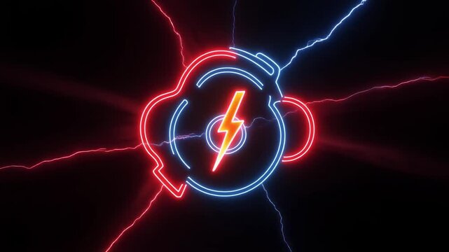 glowing neon engine symbol illuminated in vivid red and blue tones on a pure black backgr