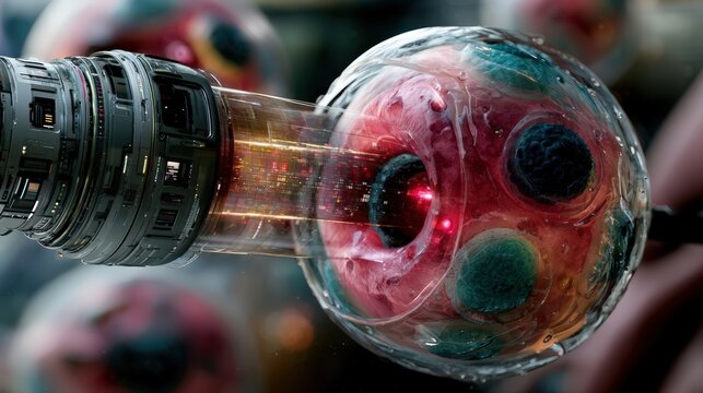 Engineered synthetic virus vector delivering custom genetic code into human cell nucleus with bioluminescence and negative space for bio tech banners.