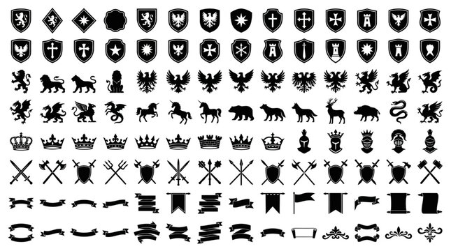 Mega Set of Medieval Heraldic Symbols and Crest Elements Including Shields, Crowns, Dragons, Lions, Knight Helmets, Swords, and Banners for Vintage Coat of Arms Design and Historical Projects.