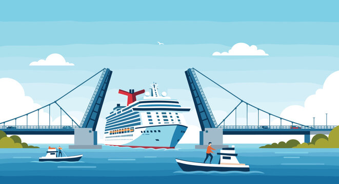 Modern white cruise ship passing under a raised drawbridge with small boats and seagulls in a scenic coastal city environment.