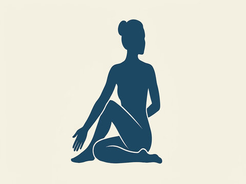 A detailed silhouette illustration of a woman performing a seated spinal twist yoga pose, known as Ardha Matsyendrasana, on a light background.