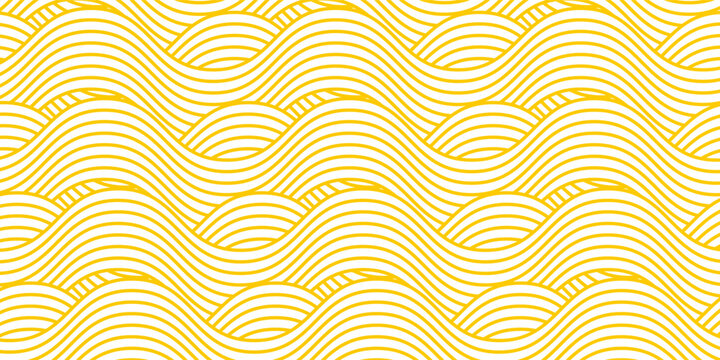 Curvy yellow lines. Ramen or noodle pattern. Pasta, tagliatelle or capellini background. Wavy spaghetti texture. Banner with traditional Italian, Chinese of Japanese food print. Vector illustration.