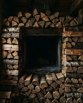 Rustic fireplace opening framed by a large stack of split firewood logs