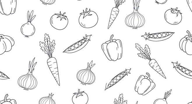 Hand-drawn Vegetable Pattern - Carrots, Tomatoes, Onions, Peppers, and Peas.