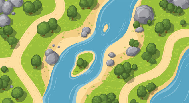 Aerial top view of a winding blue river flowing through a green meadow landscape with trees, rocks, and sand paths.