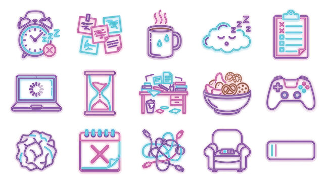 Collection of icons representing stress, burnout, and the need for relaxation and self-care.