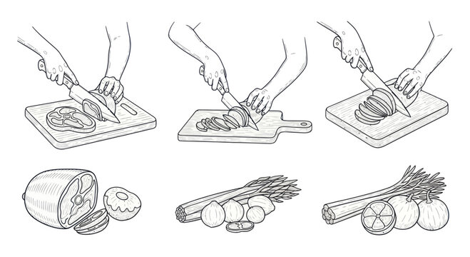 Hands slicing vegetables on cutting board with knife.