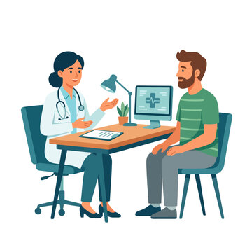 A female doctor consults with a male patient in an office