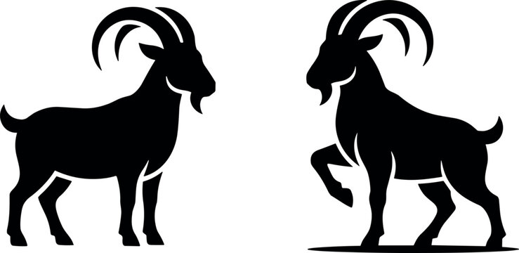 Black Goat Silhouette Set with Curved Horns for Farm Animal Logos, Capricorn Zodiac Symbols, Livestock Agriculture Branding, and Wildlife Crest Vector Graphic DesignsBlack Goat Silhouette Set with Cur