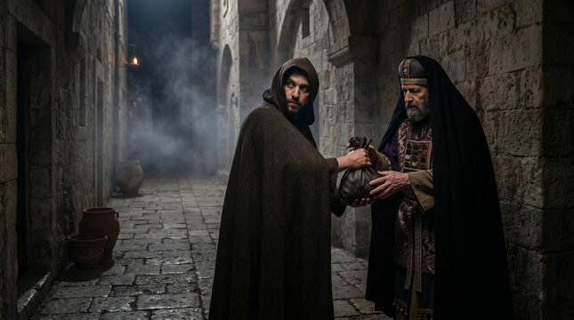 Man giving a money bag to another man, a biblical concept of betrayal and a moment from the evangelical events of Holy Week for Christian art