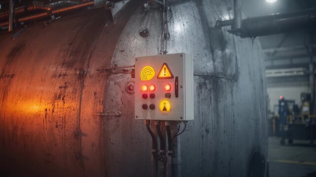 Medium shot focusing on the alarm indicator panel adjacent to the furnace shell signaling temperature alerts detected by integrated thermal sensors.