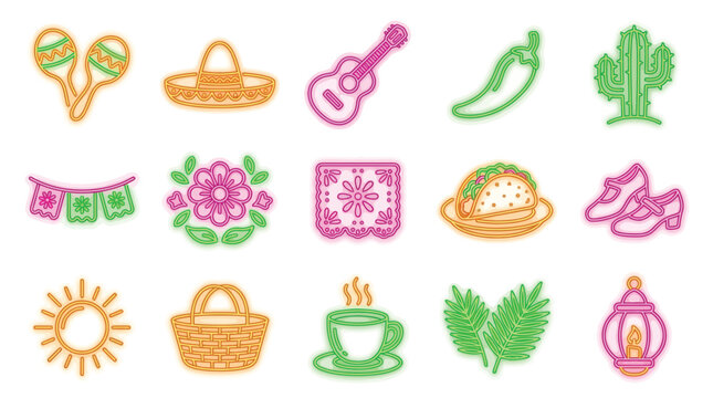 Collection of Mexican cultural icons and symbols in a flat design style.