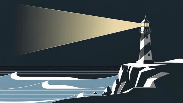 Animated lighthouse shining a bright light beam over the ocean at night.