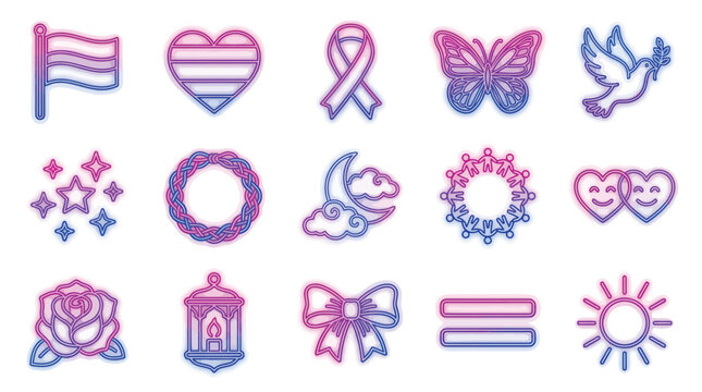 Collection of bisexual pride symbols and icons with a gradient color scheme.