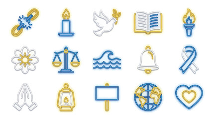 Fototapeta premium Collection of icons representing peace, hope, and support, with a blue and yellow color scheme.