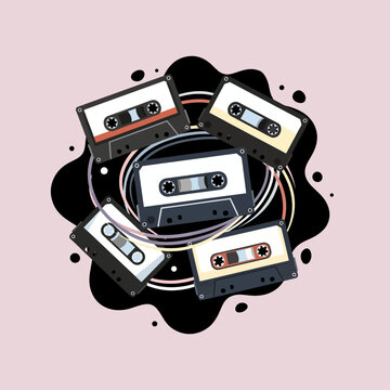 A collection of vintage audio cassettes arranged in a circular pattern