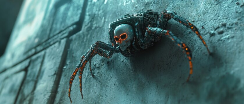 Robotic spider with skull face on concrete wall