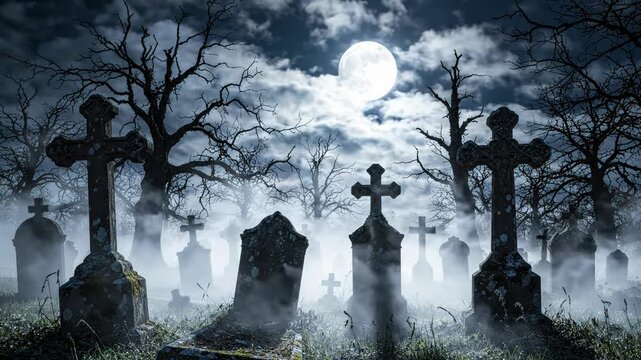 Spooky night graveyard landscape under glowing full moon with dense fog, mist, ancient cemetery tombstone, old stone cross, leafless tree silhouettes, gravestone, creating eerie ominous atmosphere