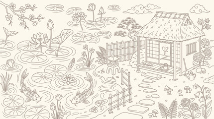 Naklejka premium Tranquil Japanese garden scene with koi fish, water lilies, and a traditional tea house, rendered in a delicate line art style.
