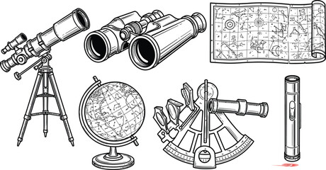 Fototapeta premium Collection of vintage navigation and astronomy tools including a telescope binoculars globe sextant and star map for exploration and discovery concepts