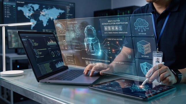 Cybersecurity expert analyzing holographic interface with lock icon, multi-factor authentication verification, threat vectors database