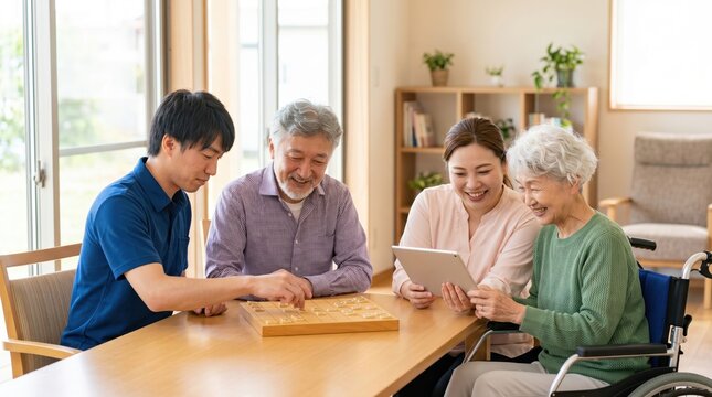 Multi-generation Asian family playing board game with tablet, senior woman in wheelchair smiling at home, intergenerational bonding and elderly care concept