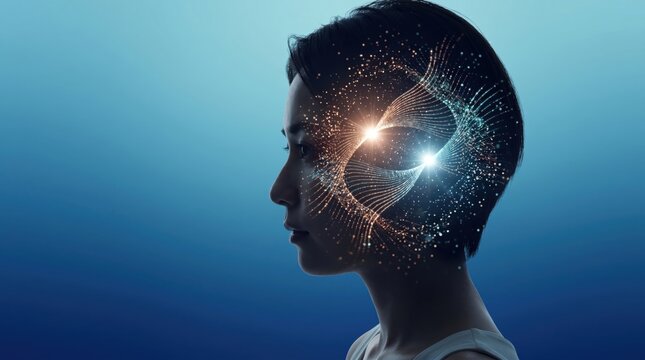 Profile silhouette of human head featuring glowing neural network and particle effects representing artificial intelligence, machine learning, and cognitive computing power.
