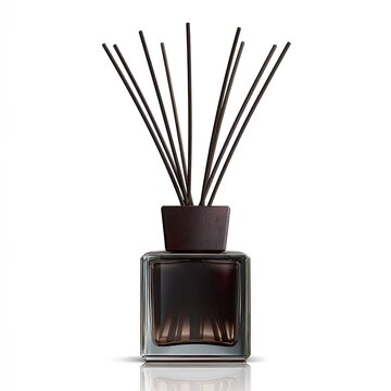 Minimal illustration of centered reed diffuser on clean white background, square dark glass bottle with liquid, wooden cap and five fan-shaped fragrance reeds, subtle base reflection