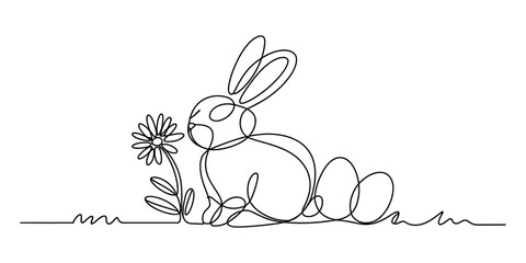 Fototapeta premium Cute bunny rabbit sitting next to a daisy flower in a simple line drawing style