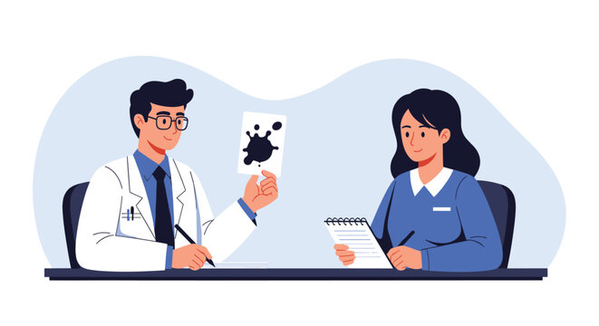 Psychologist showing a Rorschach inkblot test card to a female patient during a mental health evaluation or therapy session.