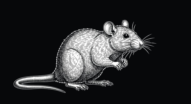 Detailed vintage style engraving of a rat or mouse standing on its hind legs against a solid black background for nature study.