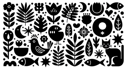 Stylized black and white folk art inspired pattern with birds, fish, cats, flowers, and leaves. © Enggal