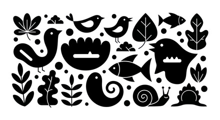 Stylized black silhouettes of birds, fish, snails, and plants on a white background. © Enggal