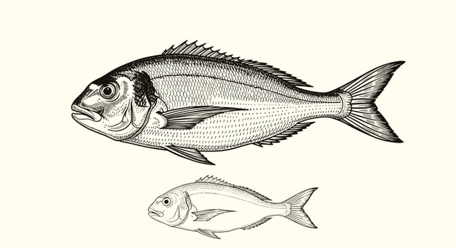 Detailed engraving of a large and small sea bream fish shown from the side against a neutral beige background for nature study.