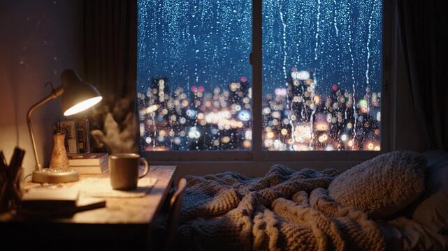 Cozy bedroom at night with warm glowing desk lamp, steaming coffee mug, soft blanket on bed, heavy rain falling on window looking out to blurry city lights, bringing peaceful relaxing feeling