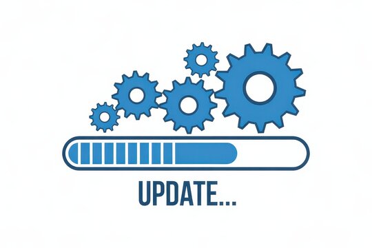 Software update progress bar graphic with blue gears and loading status icon isolated on white background