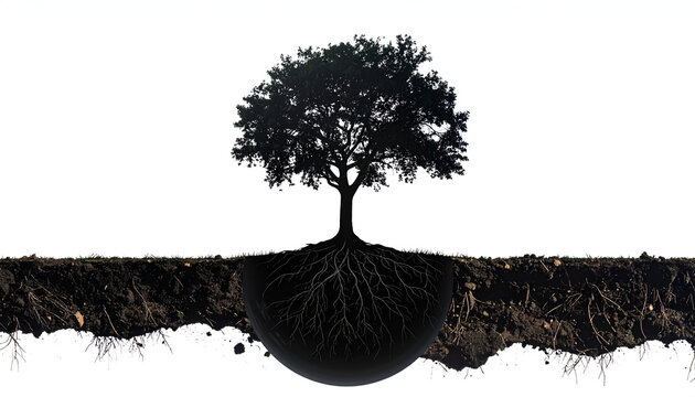 Silhouette of a Tree with Extensive Root System Visible Below Ground.