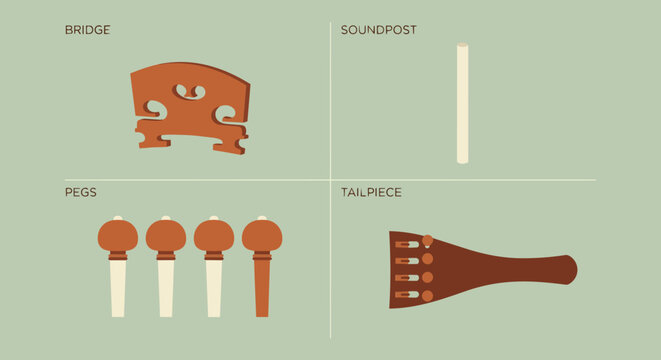 A flat vector exploded-view illustration of a violin, showing its deconstructed parts&mdash;the bridge, the soundpost, the pegs, and the tailpiece&mdash;arranged neatly in a grid. 
