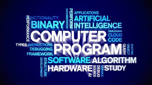 Computer Program animated word cloud-text design animation tag kinetic typography seamless loop.