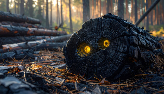 Mysterious Burnt Log with Glowing Eyes in Forest.