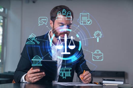 Considered businessman in formal wear signing contract holding tablet device at office room with papers. Concept of successful business deal, agreement, partnership, documents. Legal and law icons.