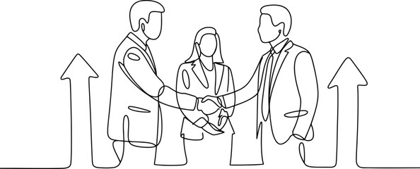 Obraz premium Business Partnership With Two Men Shaking Hands And Woman Between Them With Upward Arrows