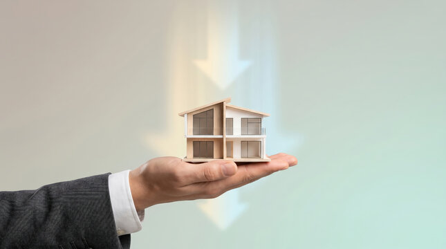 Housing market affordability mortgage rates concept with hand holding small model house and glowing arrow background showing changing home value and financial stress