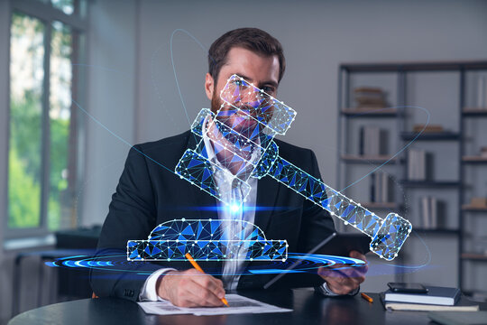 Considered businessman in formal wear signing contract holding tablet device at office room with papers. Concept of successful business deal, agreement, partnership, documents. Legal and law icons.
