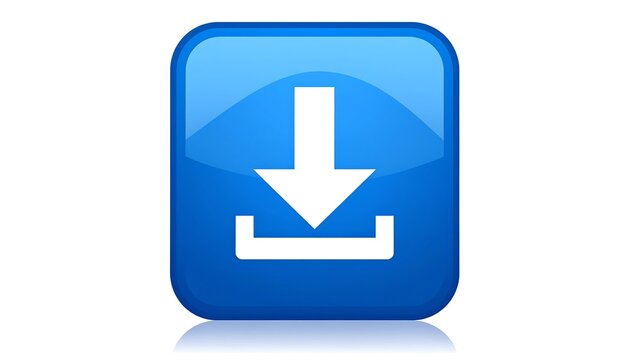 Glossy blue square button with a white download arrow, reflective surface, isolated on white background